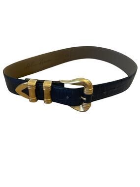 Alan Austin Croc-Embossed Leather Belt with Gold Buckle Blue Genuine Leather